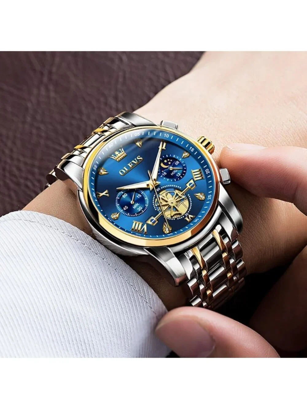 Mens Silver Blue Skeleton Stainless Steel Diamond And Calendar Chronograph Watch